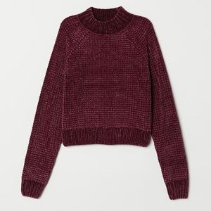 H&M Crop Chenille Soft Rib Knit Burgundy Sweater
